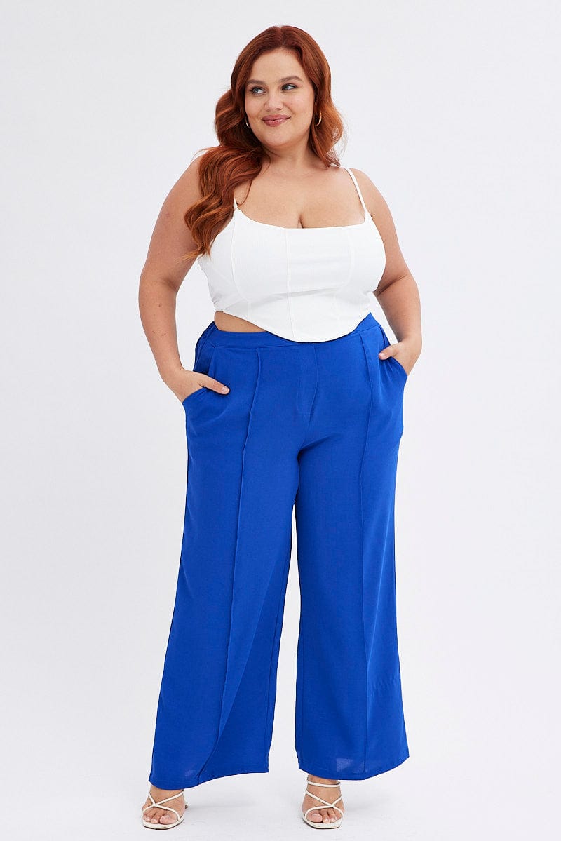 Blue Wideleg Pants Seam Front Elastic Waist Crepe for YouandAll Fashion