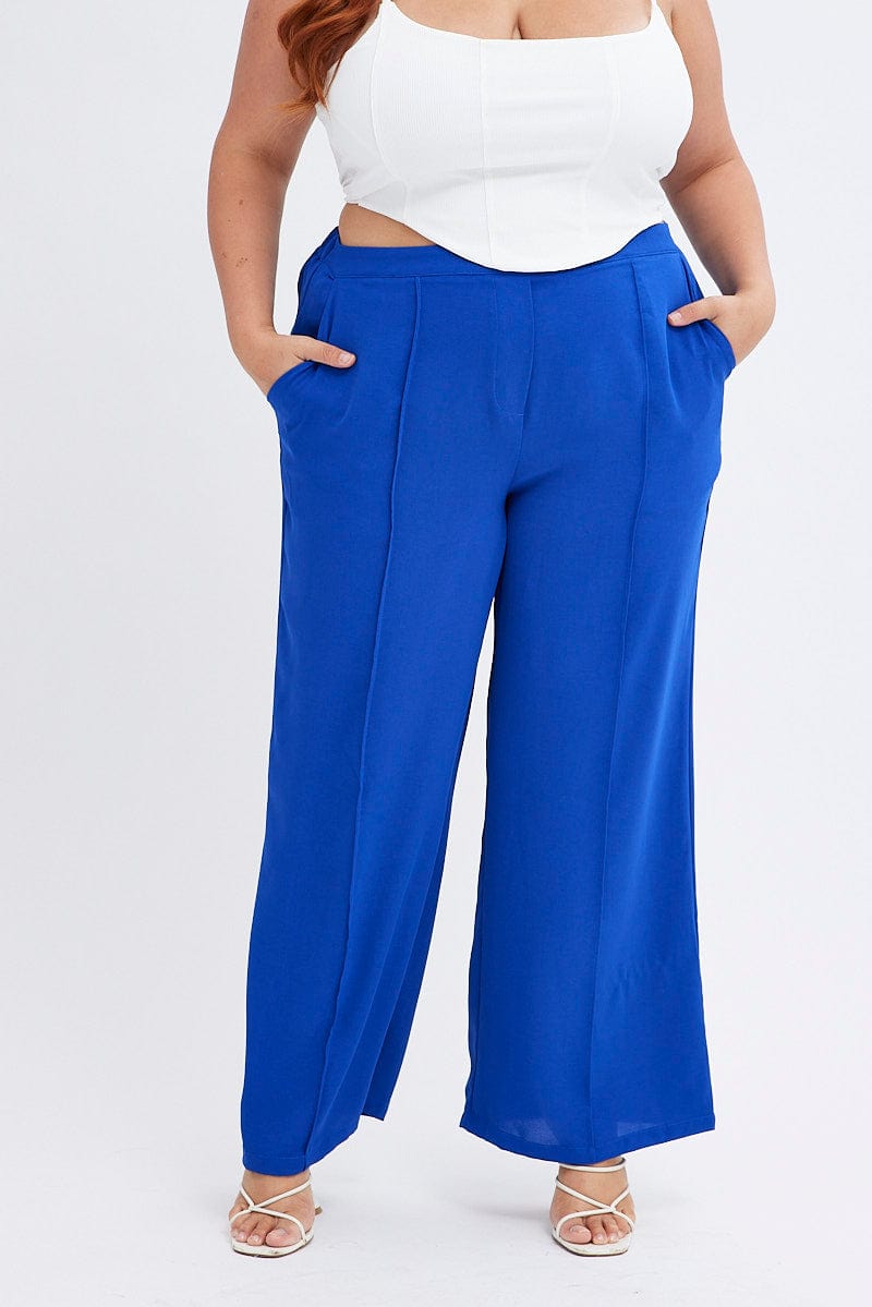 Blue Wideleg Pants Seam Front Elastic Waist Crepe for YouandAll Fashion