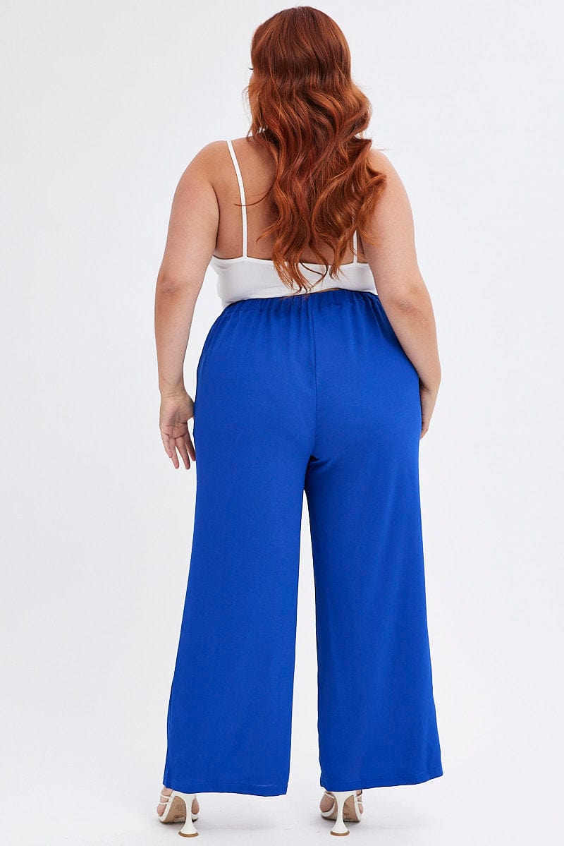 Blue Wideleg Pants Seam Front Elastic Waist Crepe for YouandAll Fashion