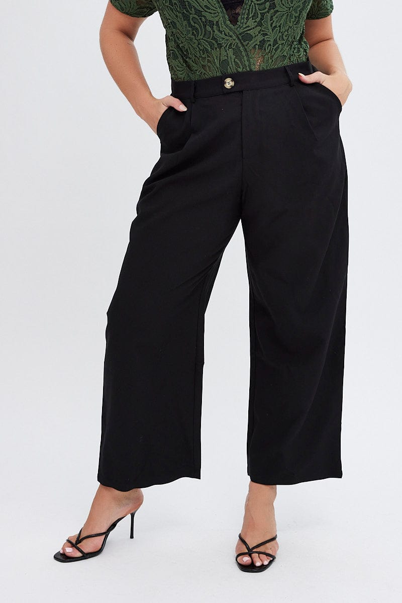 Black Wideleg Pants Beltloops Button Waist for YouandAll Fashion