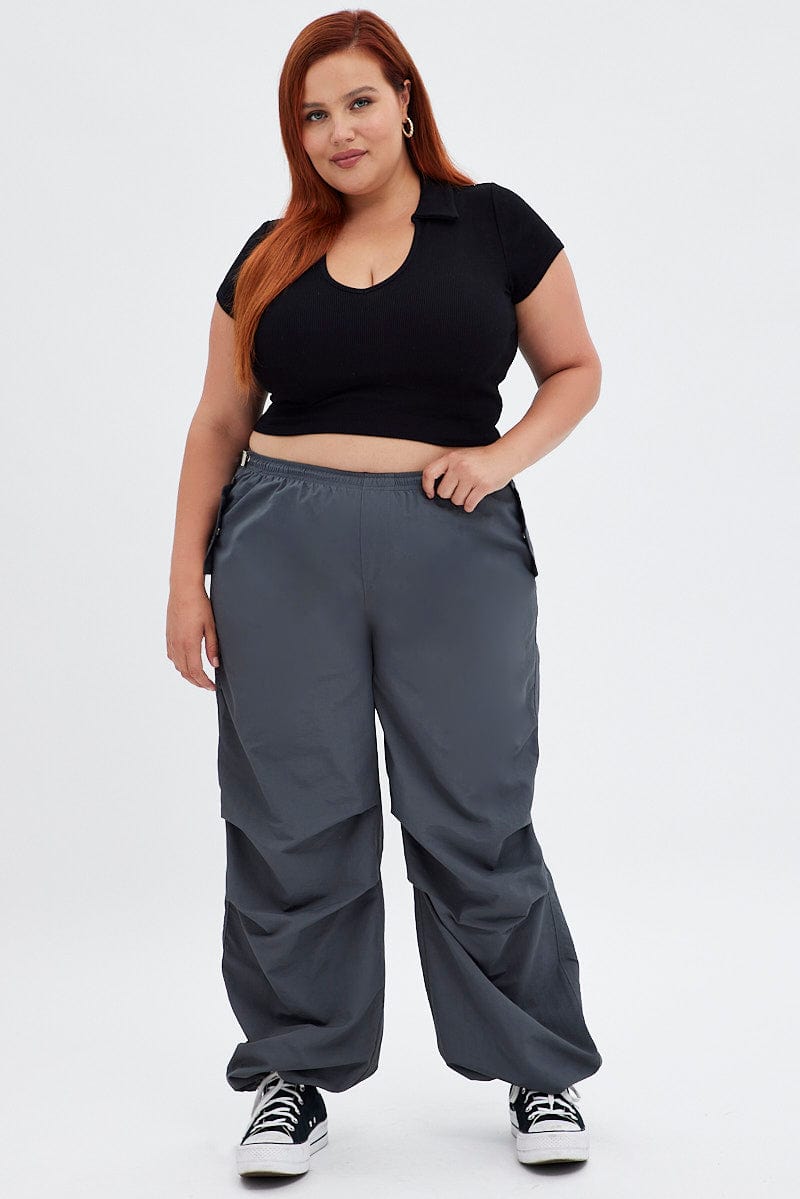 Grey Parachute Pant Low Waist Wide Leg for YouandAll Fashion