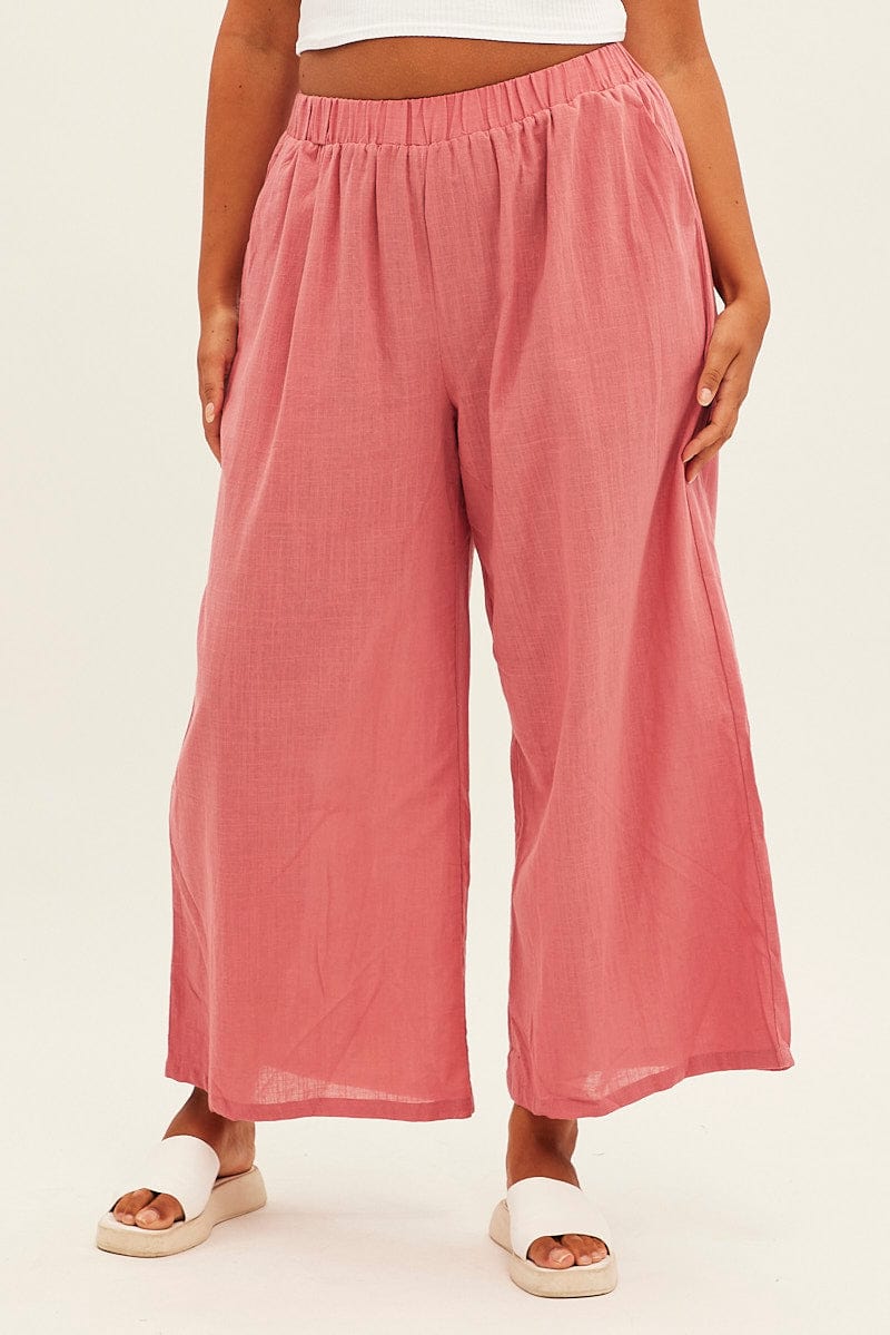 Pink Wideleg Pants Cotton Elastic Waist Relaxed Fit for YouandAll Fashion