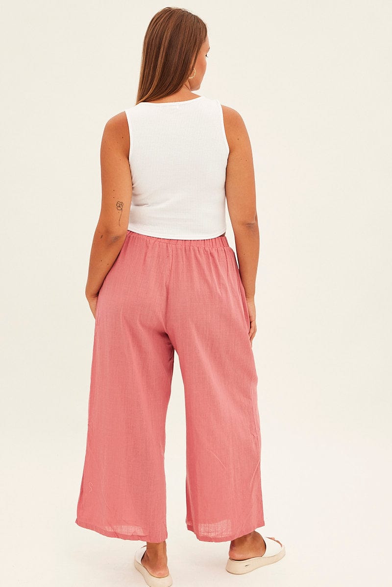 Pink Wideleg Pants Cotton Elastic Waist Relaxed Fit for YouandAll Fashion