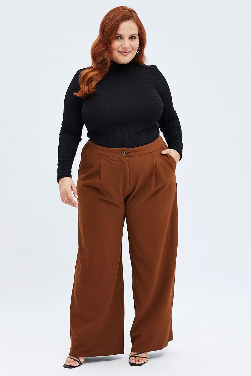 Brown Wideleg Pants Twill Stretch for YouandAll Fashion