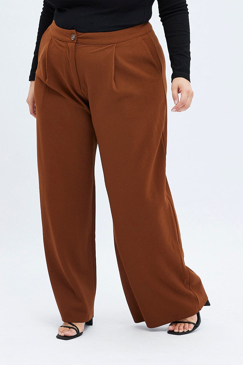 Brown Wideleg Pants Twill Stretch for YouandAll Fashion
