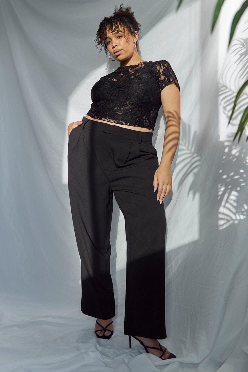 Black Wideleg Pants Hi Tab Waist Tailored for YouandAll Fashion