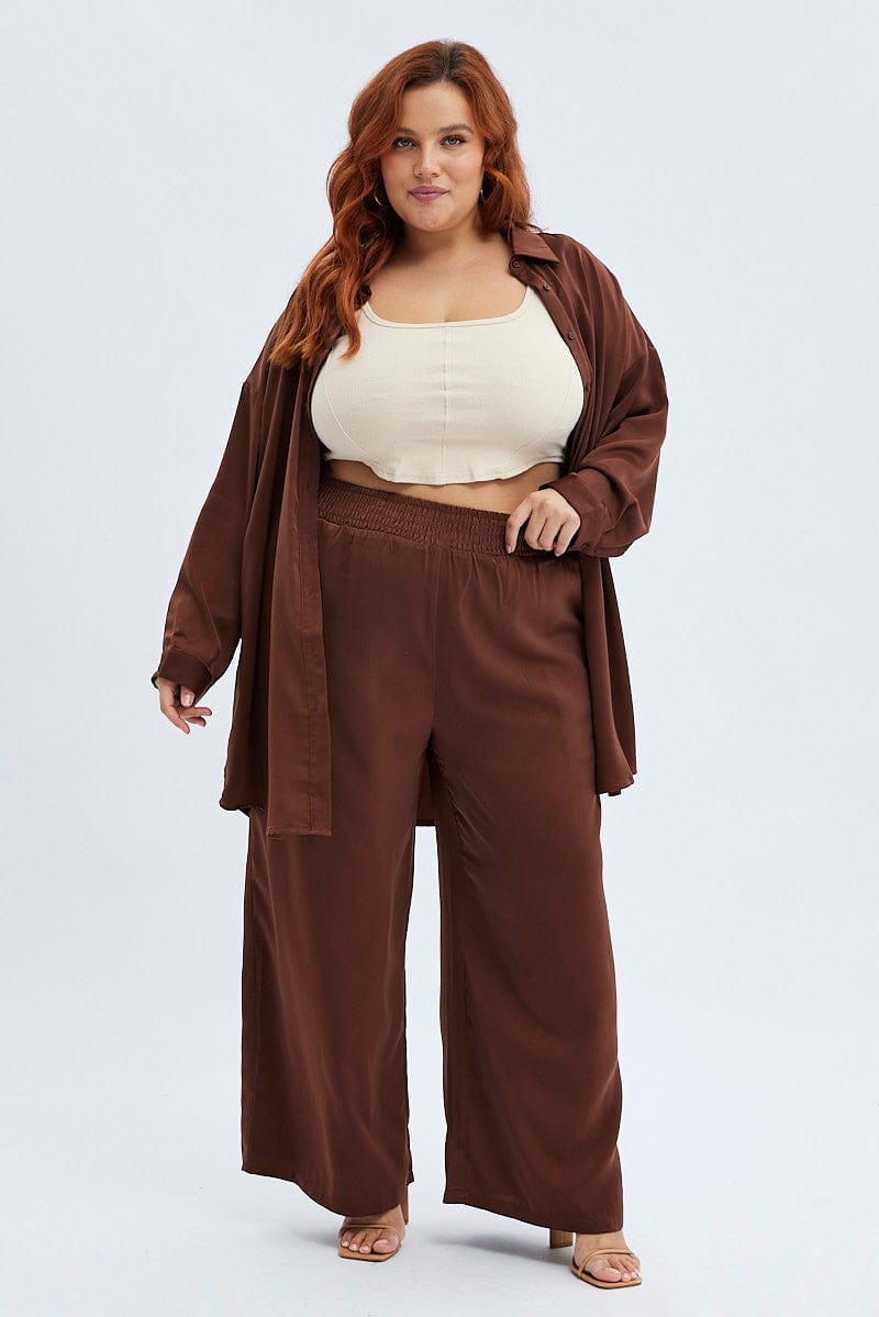 Brown Wideleg Pants Satin Shirred Waist Pockets for YouandAll Fashion