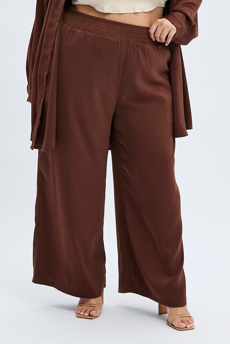 Brown Wideleg Pants Satin Shirred Waist Pockets for YouandAll Fashion