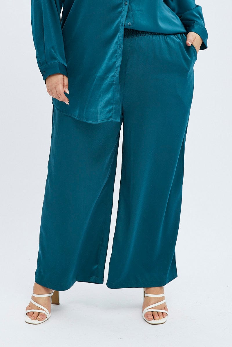 Blue Wideleg Pants Satin Shirred Waist Pockets for YouandAll Fashion