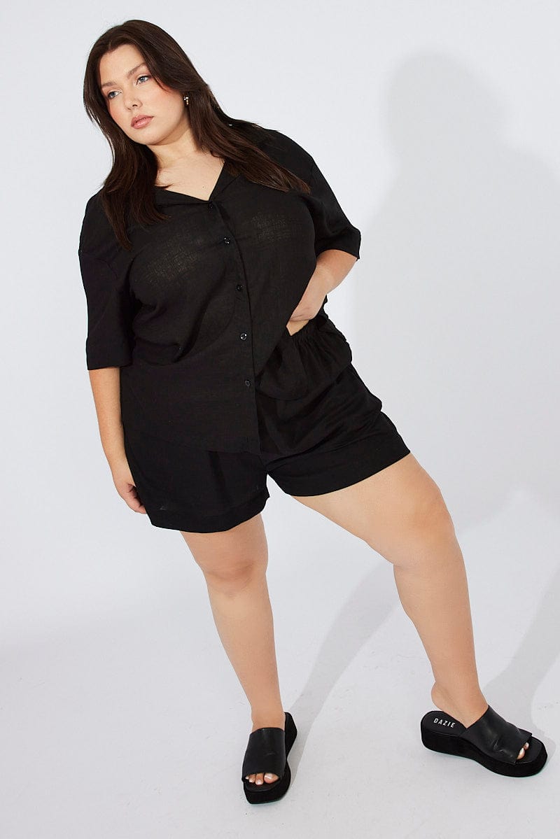 Black Shorts Mid Rise Linen Blend for YouandAll Fashion