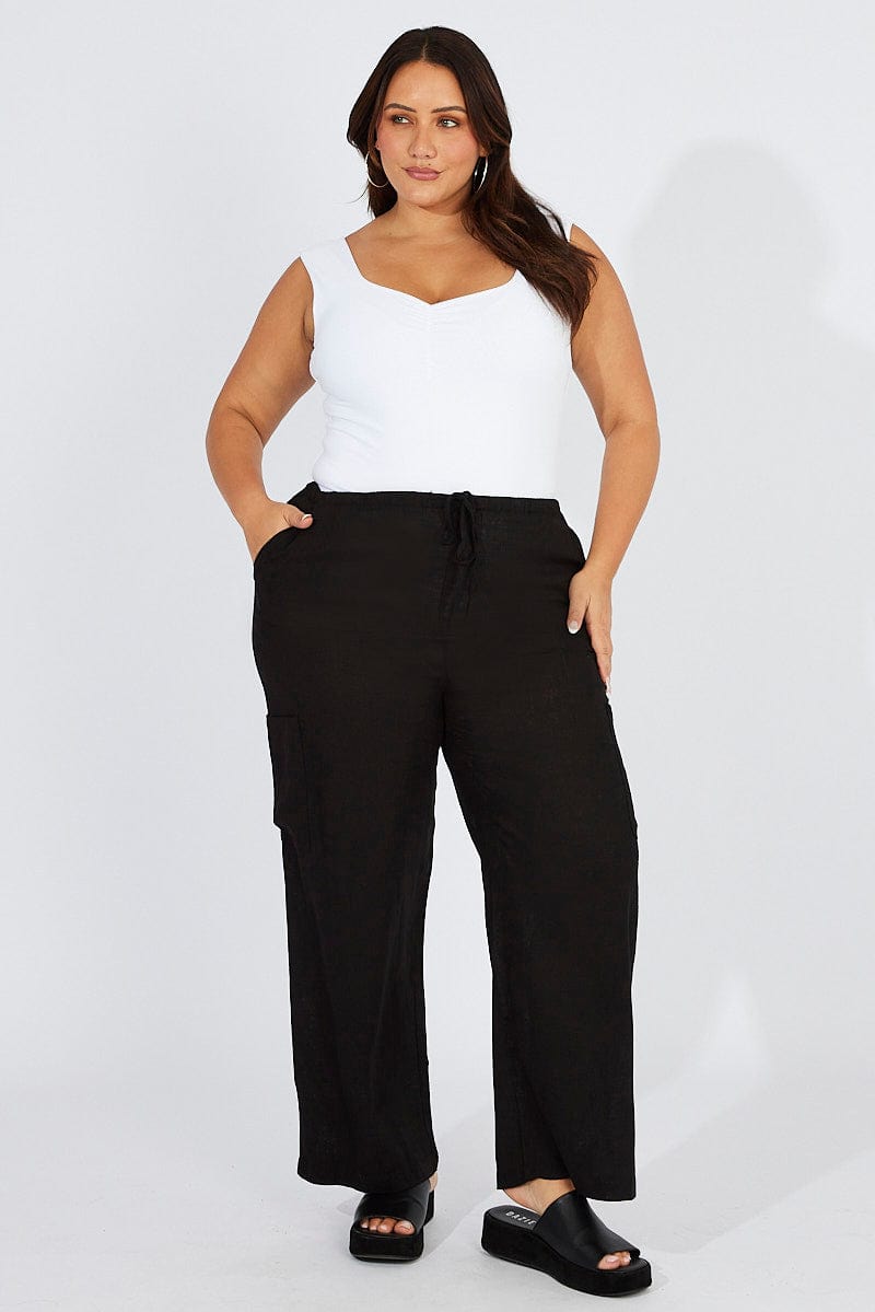 Black Wide Leg Pants Mid Rise Linen Blend for YouandAll Fashion