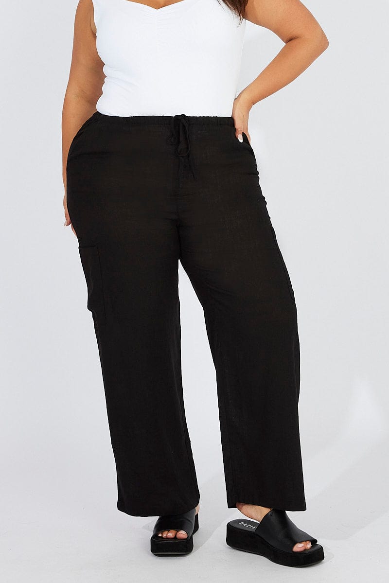 Black Wide Leg Pants Mid Rise Linen Blend for YouandAll Fashion
