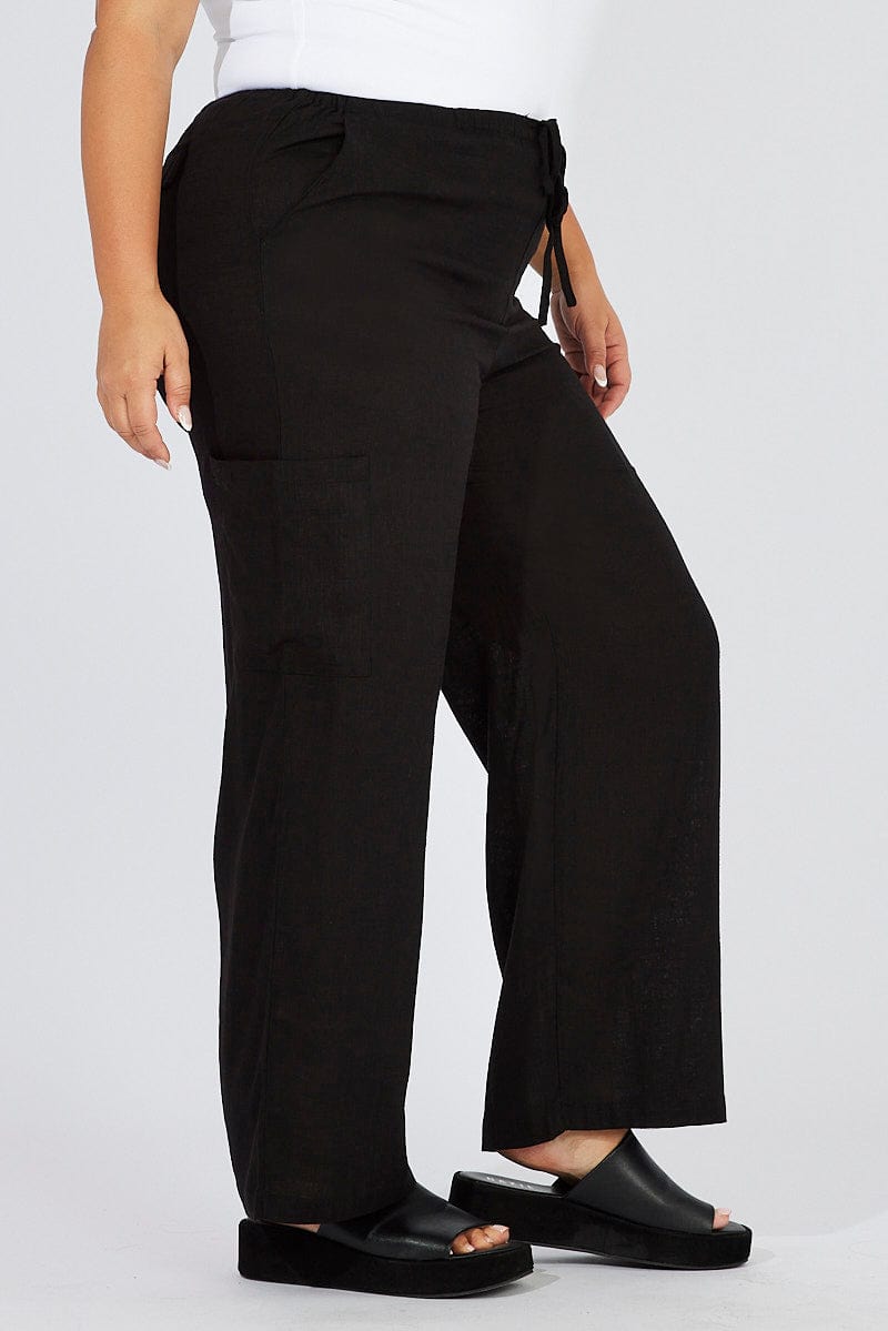 Black Wide Leg Pants Mid Rise Linen Blend for YouandAll Fashion