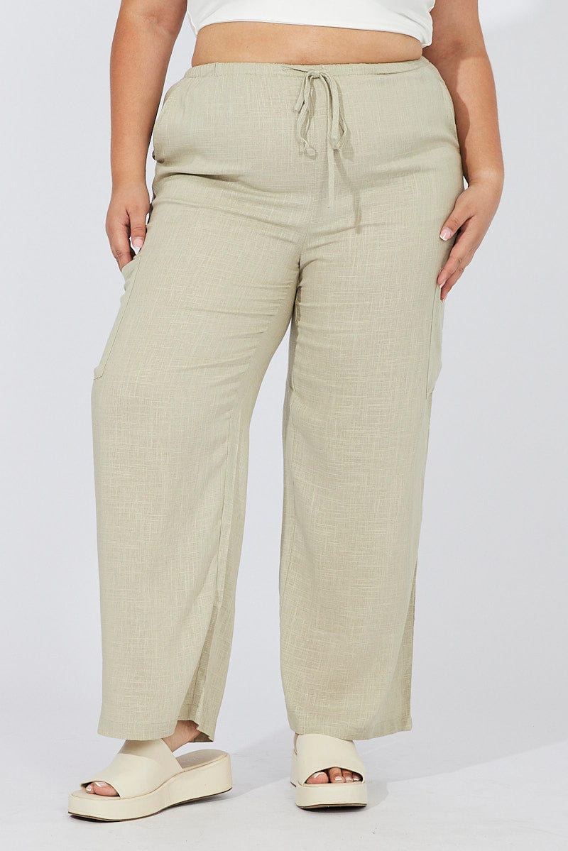 Green Wide Leg Pants Mid Rise Linen Blend for YouandAll Fashion