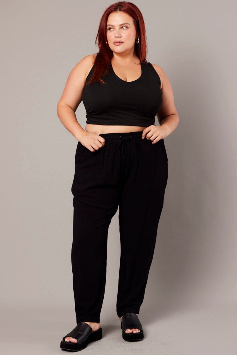 Black Tapered Pants Elasticated Waist Cropped for YouandAll Fashion