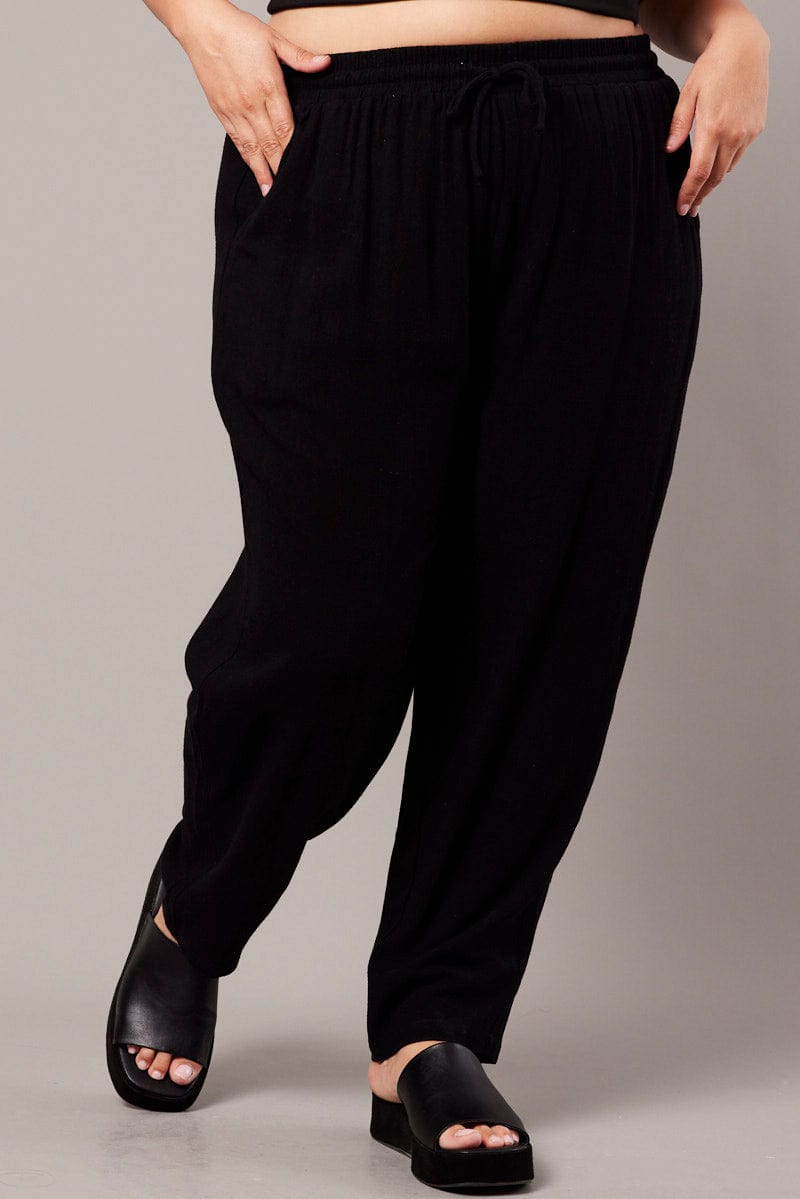 Black Tapered Pants Elasticated Waist Cropped for YouandAll Fashion