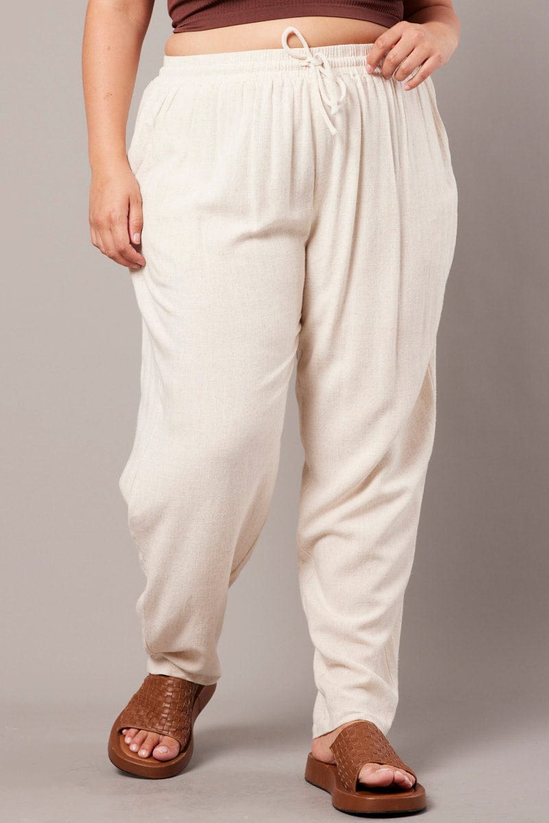 Beige Tapered Pants Elasticated Waist Cropped for YouandAll Fashion
