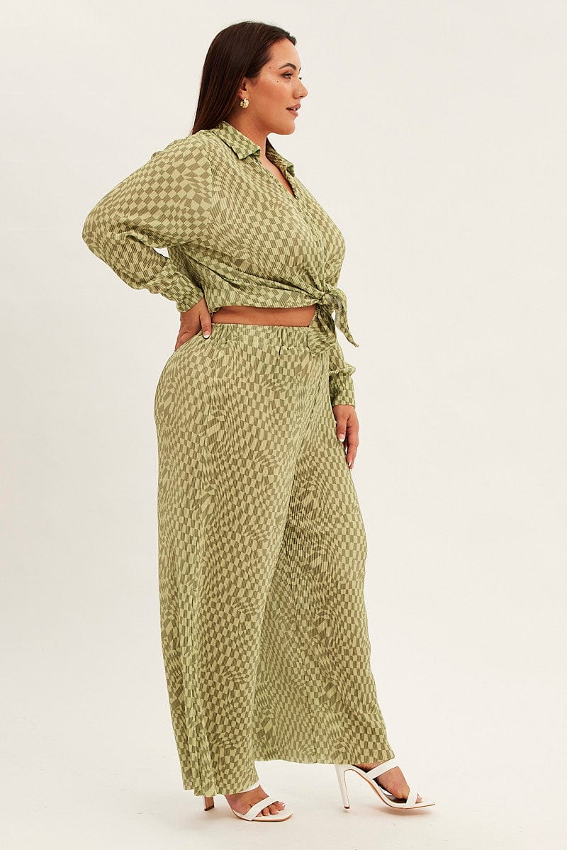 Green Check Plisse Pants Wide Leg High Rise for YouandAll Fashion