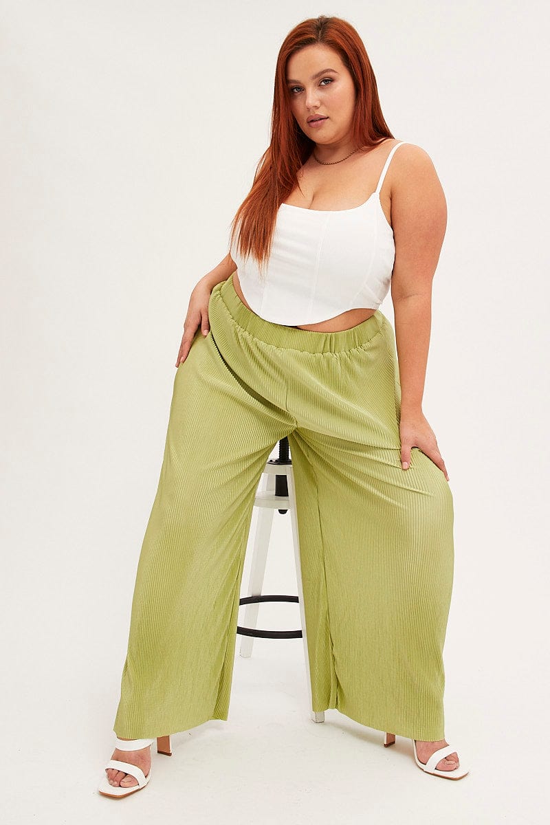 Green Plisse Pants Wide Leg High Rise