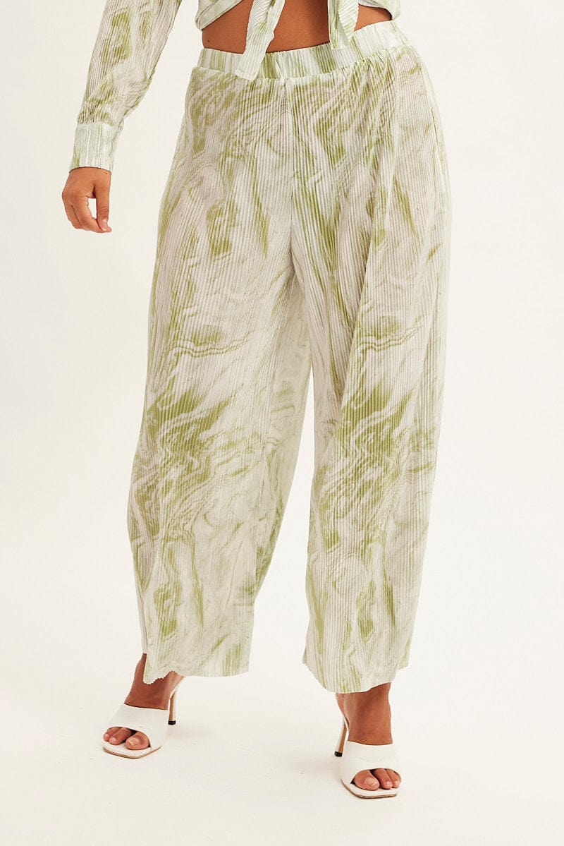 Green Print Plisse Pants Wide Leg High Rise for YouandAll Fashion