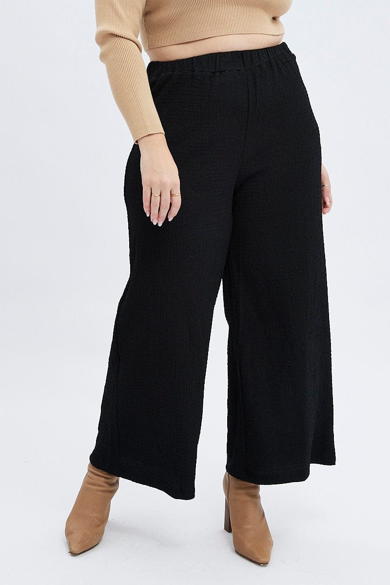 Black Wide Leg Pants High Rise Textured Jersey for YouandAll Fashion