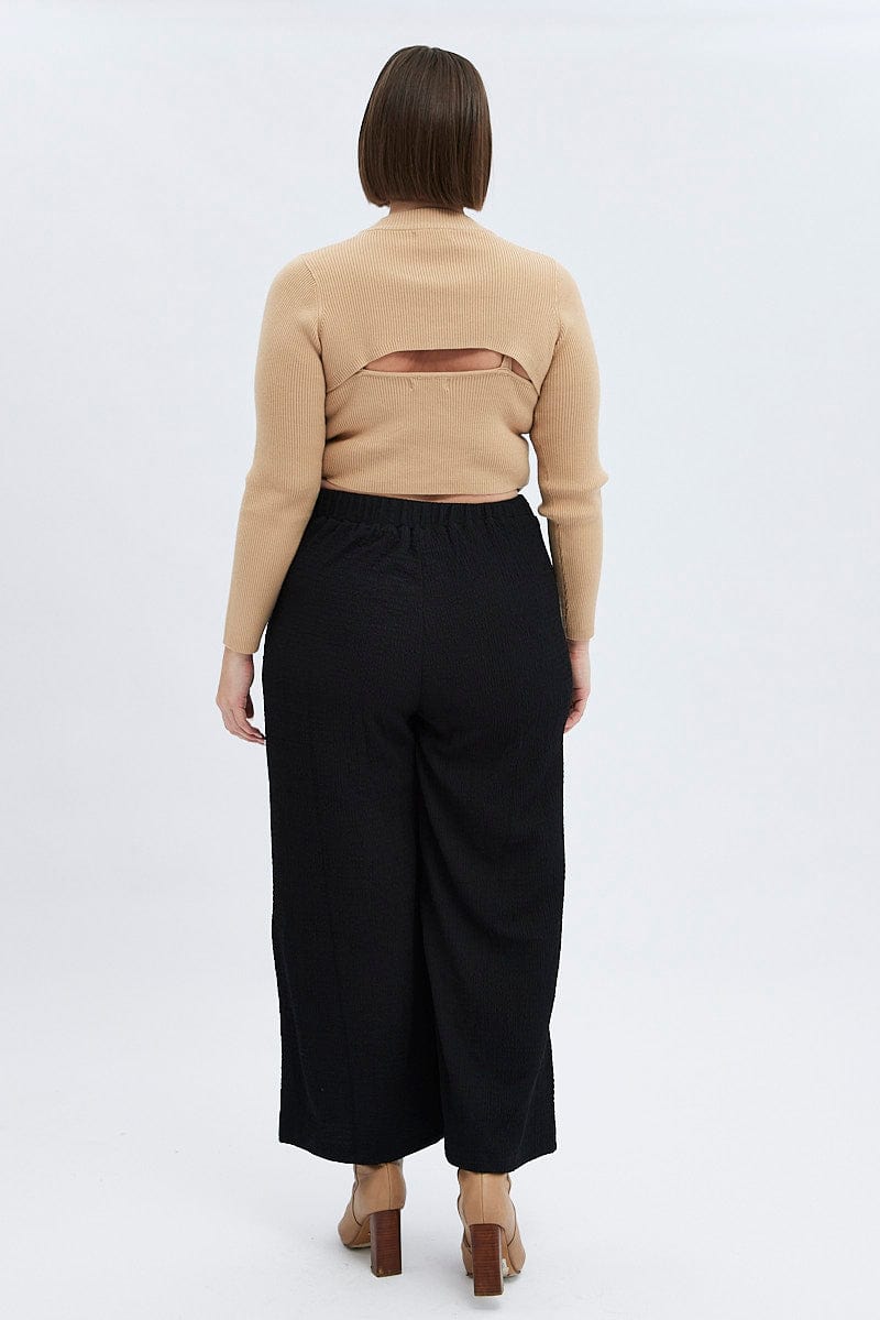 Black Wide Leg Pants High Rise Textured Jersey for YouandAll Fashion