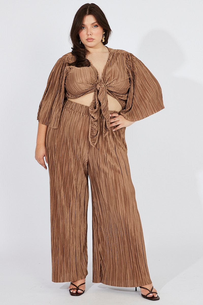 Brown Plisse Pants Wide Leg High Rise for YouandAll Fashion