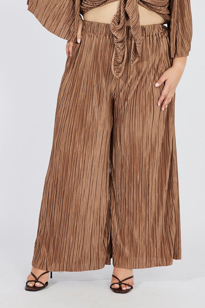 Brown Plisse Pants Wide Leg High Rise for YouandAll Fashion