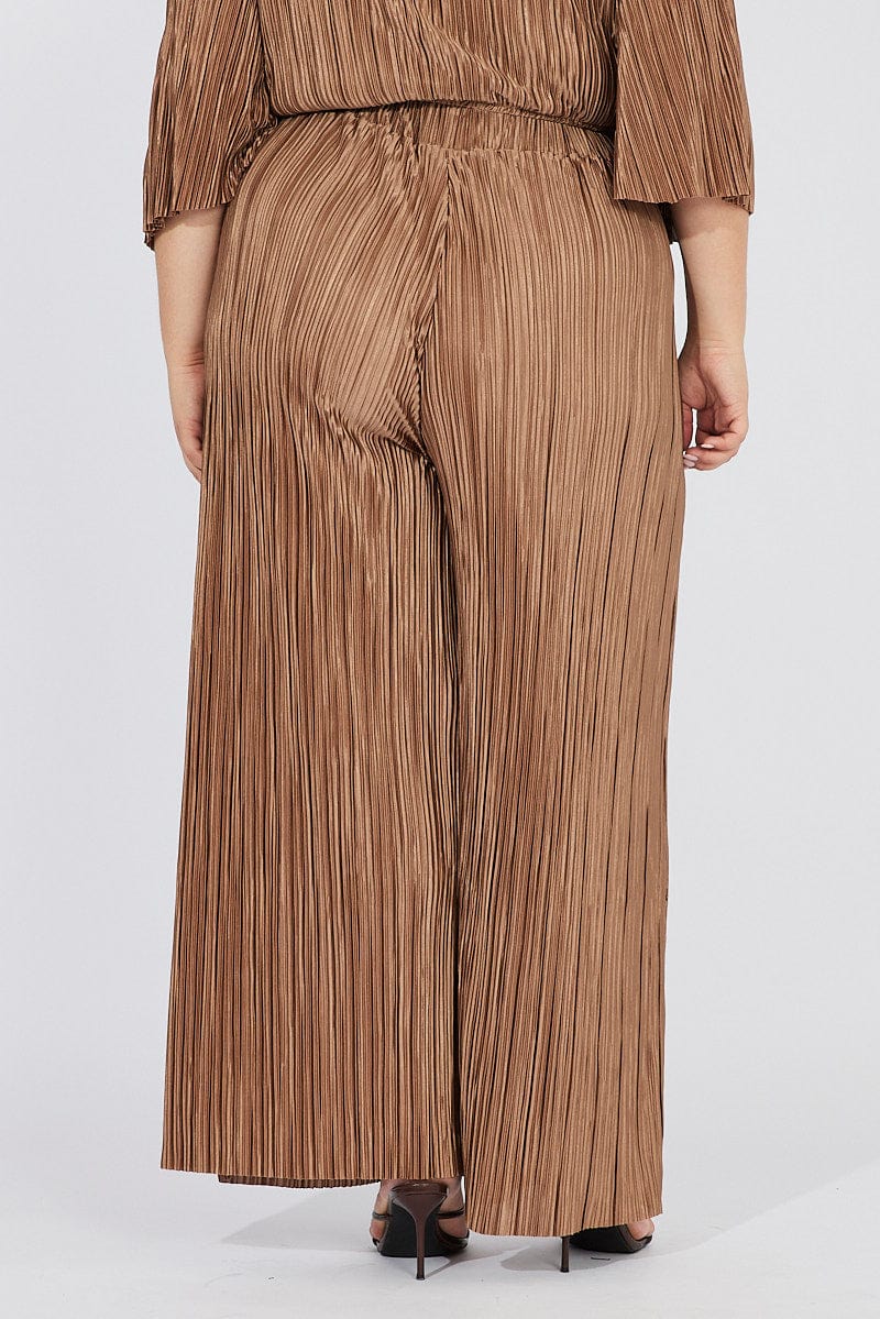 Brown Plisse Pants Wide Leg High Rise for YouandAll Fashion
