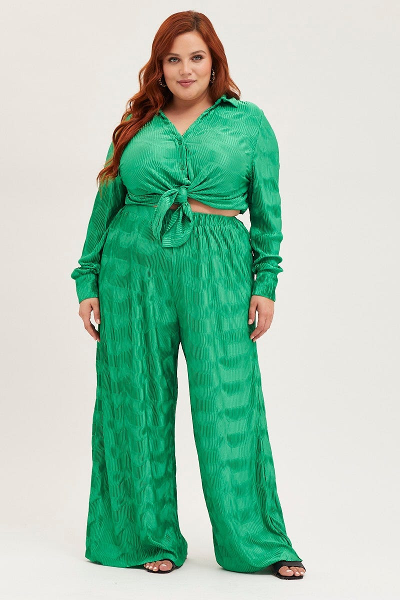 Green Plisse Pants Wide Leg High Rise For Women By You And All