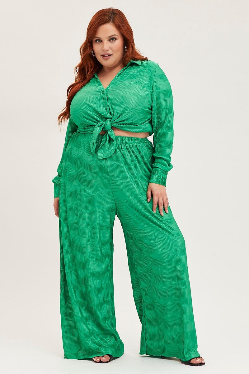 Green Plisse Pants Wide Leg High Rise For Women By You And All