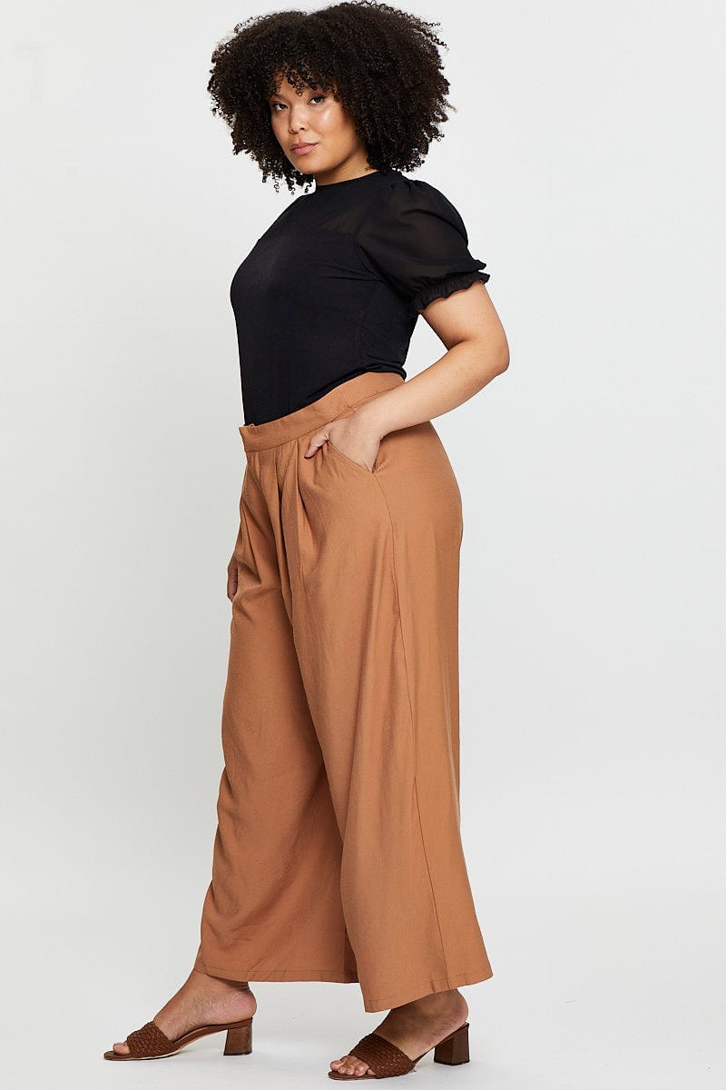 Camel Wide Leg Pants High Rise Pleated For Women By You And All