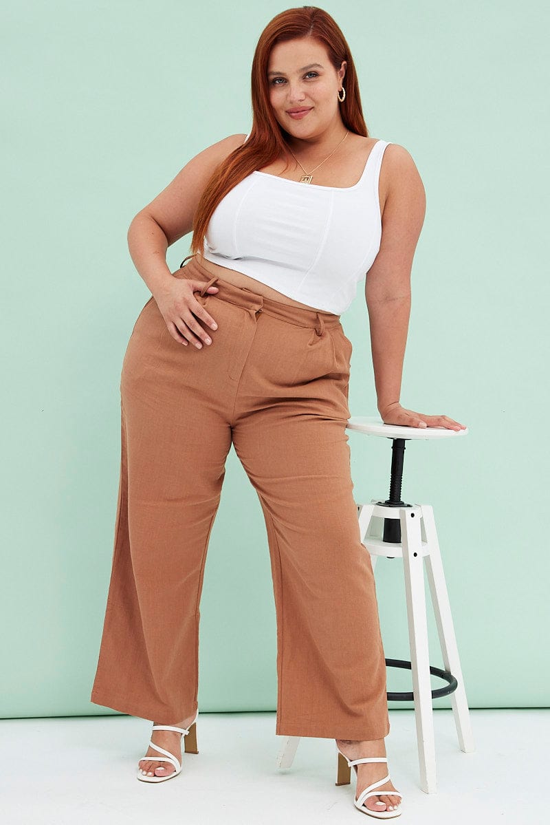 Brown Wide Leg Pants Linen Blend for YouandAll Fashion