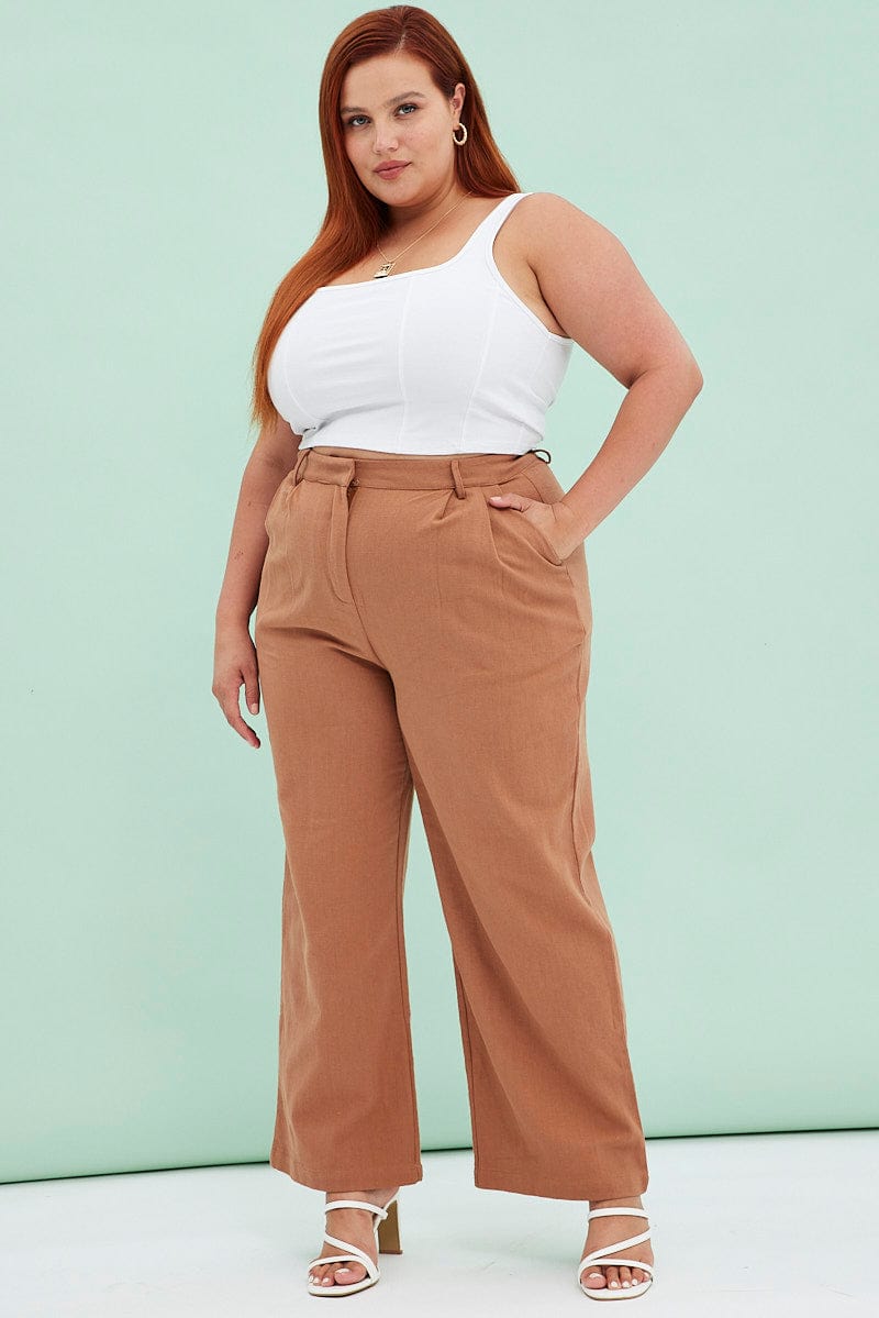 Brown Wide Leg Pants Linen Blend for YouandAll Fashion