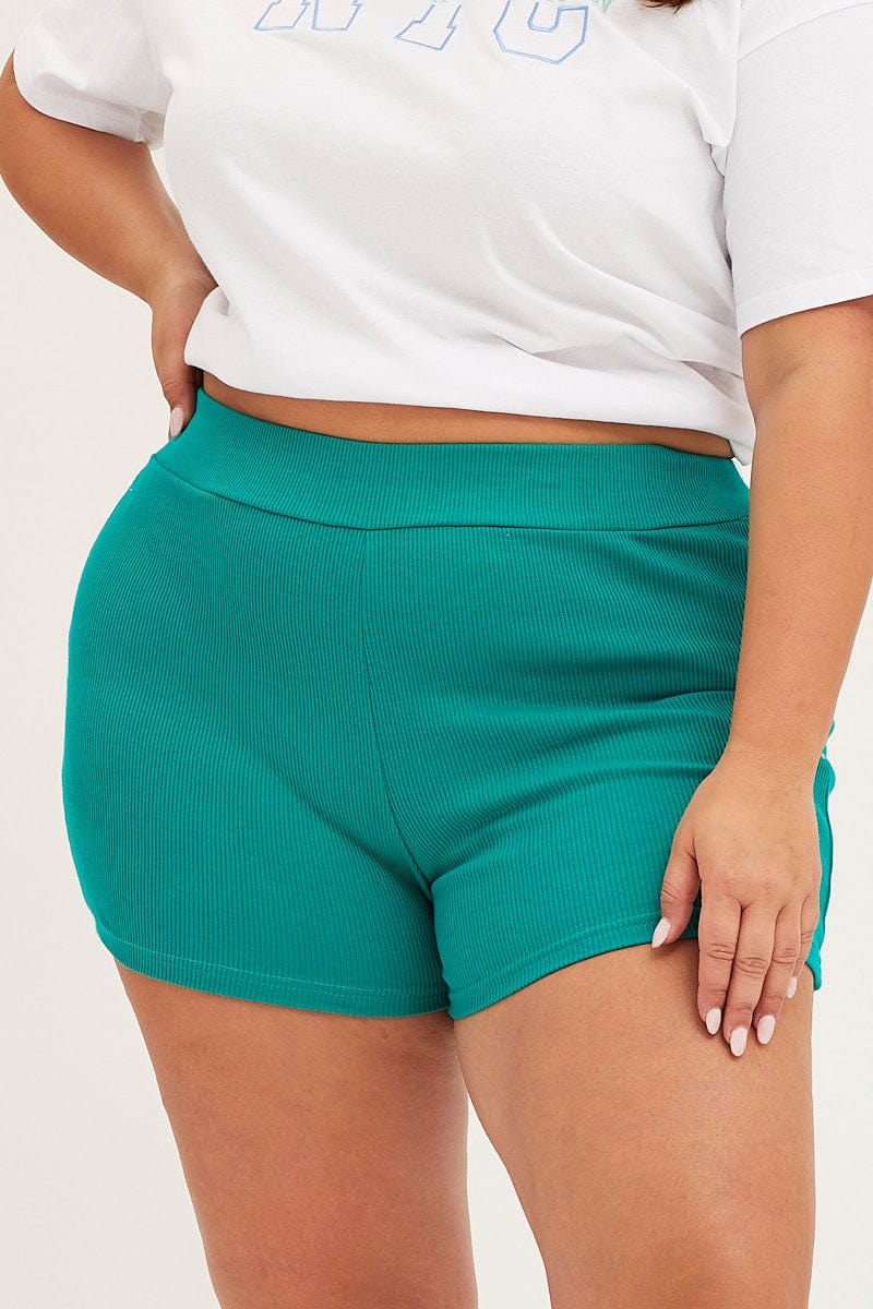 Green High Rise Cotton Rib Elastic Waist Bike Shorts for Women by You + All