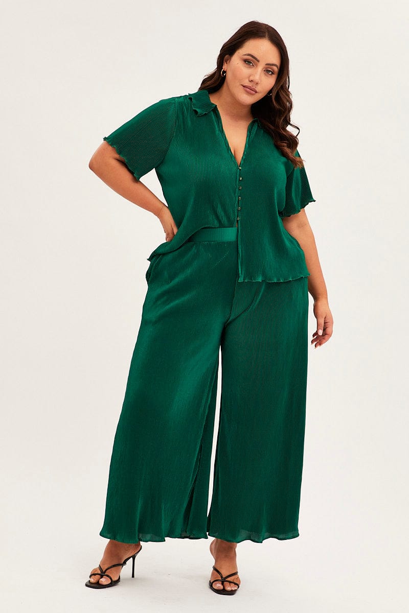 Green Plisse Pant Front Wide Leg | You & All