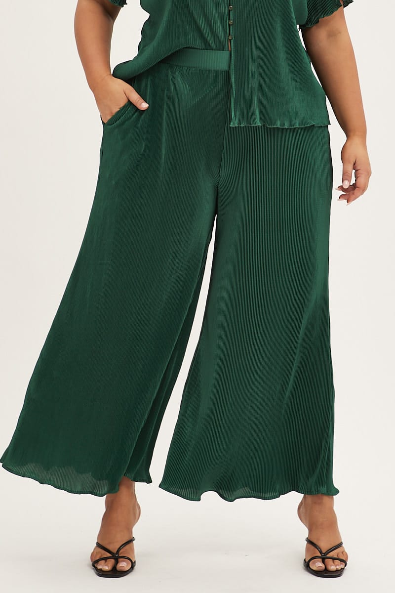 Green Plisse Pant Front Wide Leg for YouandAll Fashion