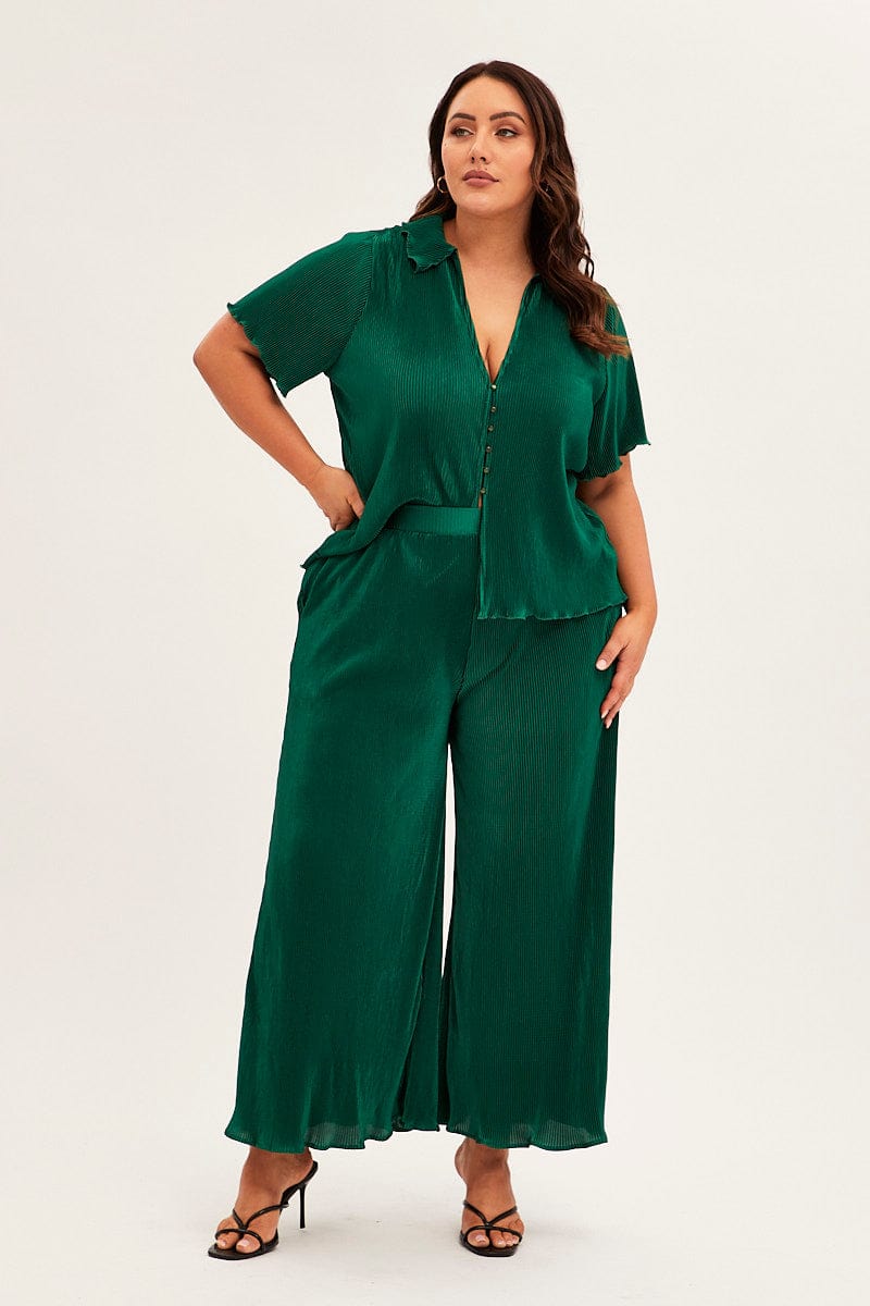 Green Plisse Pant Front Wide Leg for YouandAll Fashion