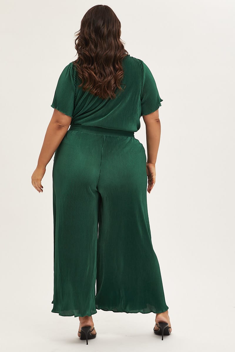 Green Plisse Pant Front Wide Leg for YouandAll Fashion