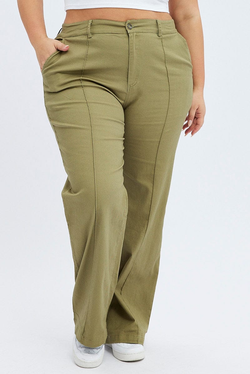 Green Wideleg Pants Seam Front Cotton for YouandAll Fashion