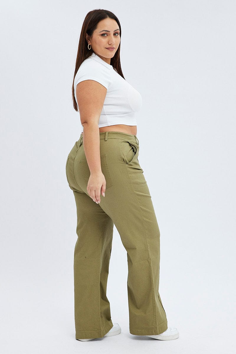 Green Wideleg Pants Seam Front Cotton for YouandAll Fashion