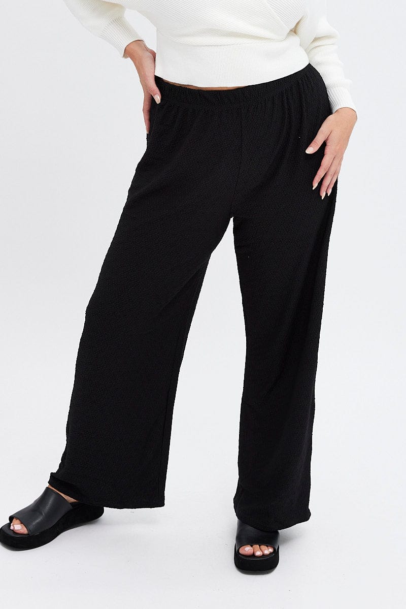 Black Wideleg Pants Textured Jersey for YouandAll Fashion