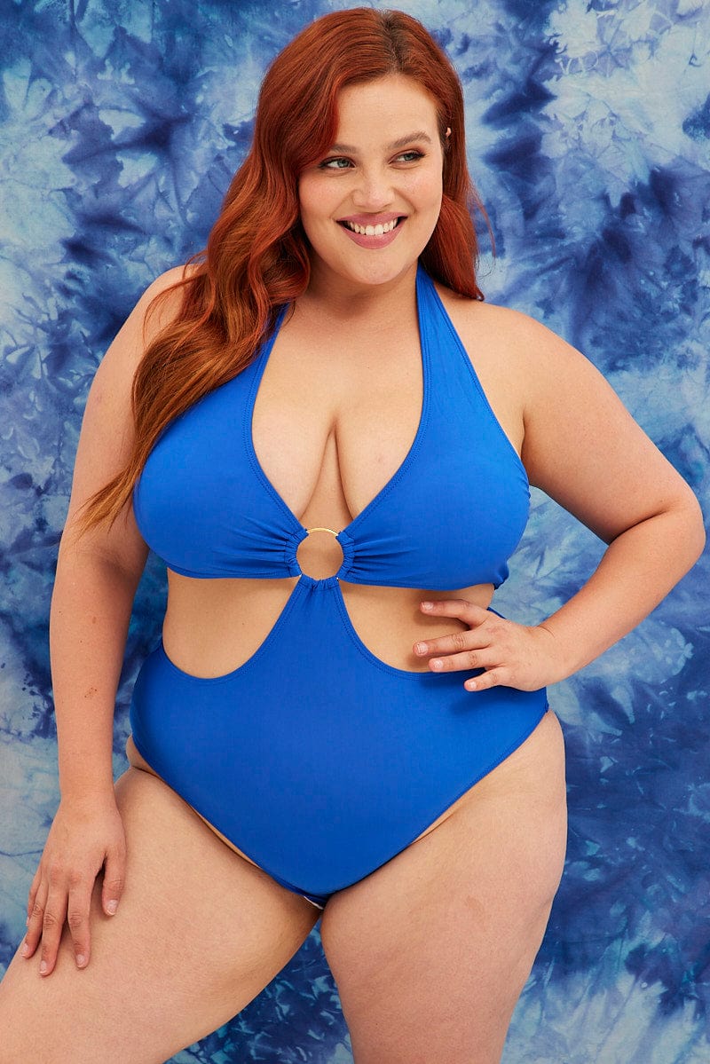 Blue Cut Out One Piece Swimsuit with Ring Detail for YouandAll Fashion