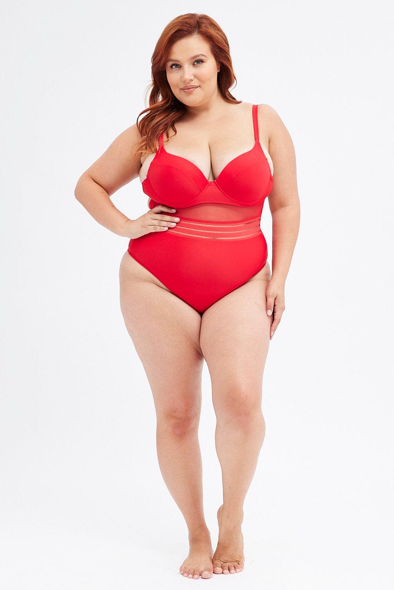 Red Mesh Patchwork One Piece Swimsuit for YouandAll Fashion