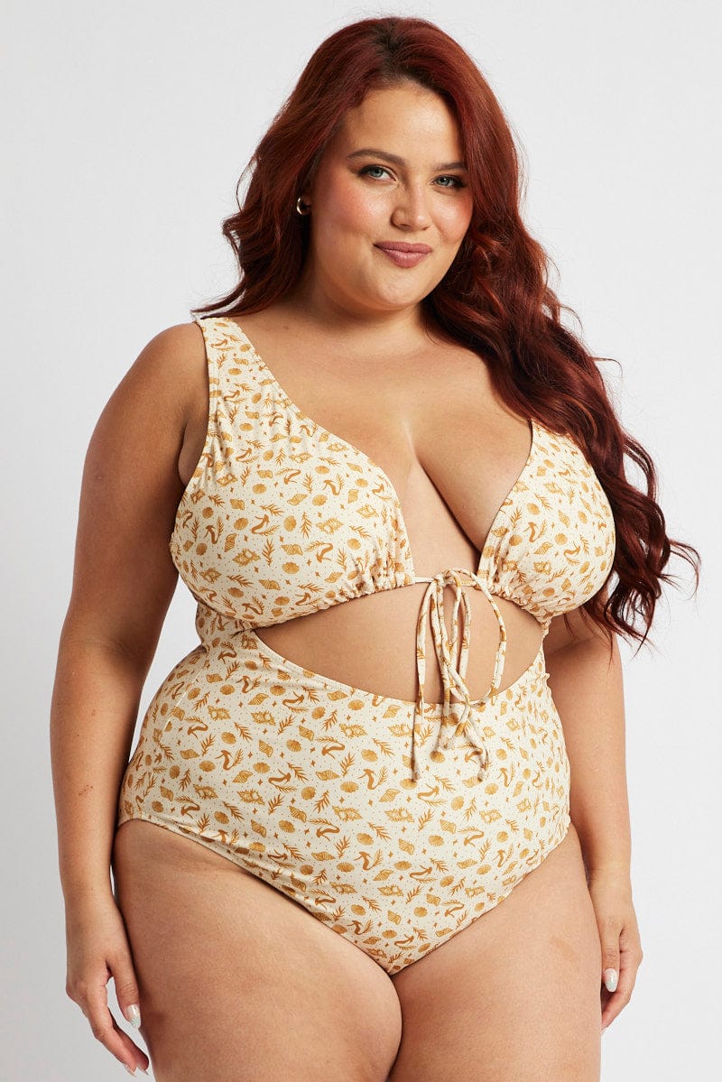 Yellow Print Cut Out One Piece Swimsuit for YouandAll Fashion