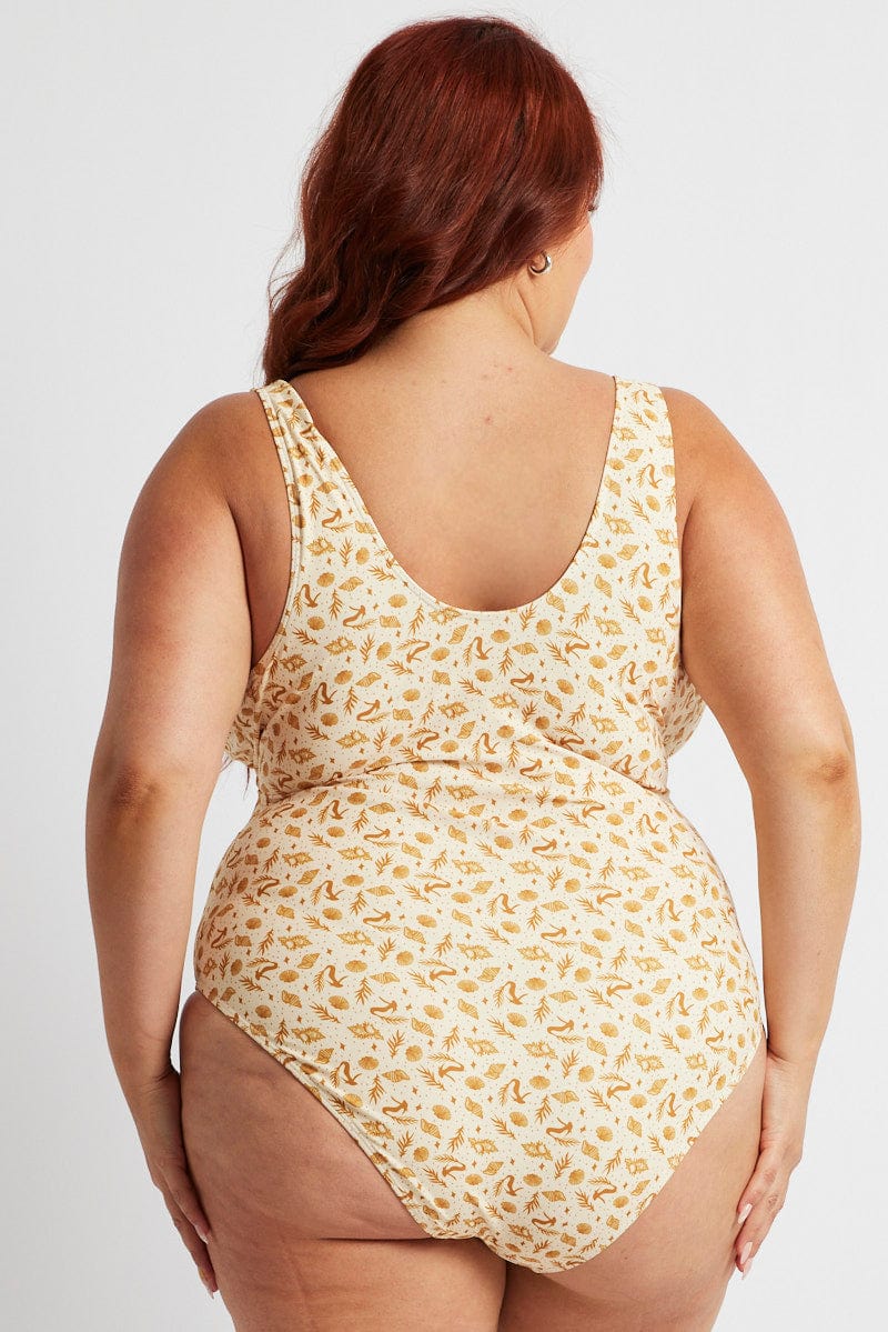 Yellow Print Cut Out One Piece Swimsuit for YouandAll Fashion