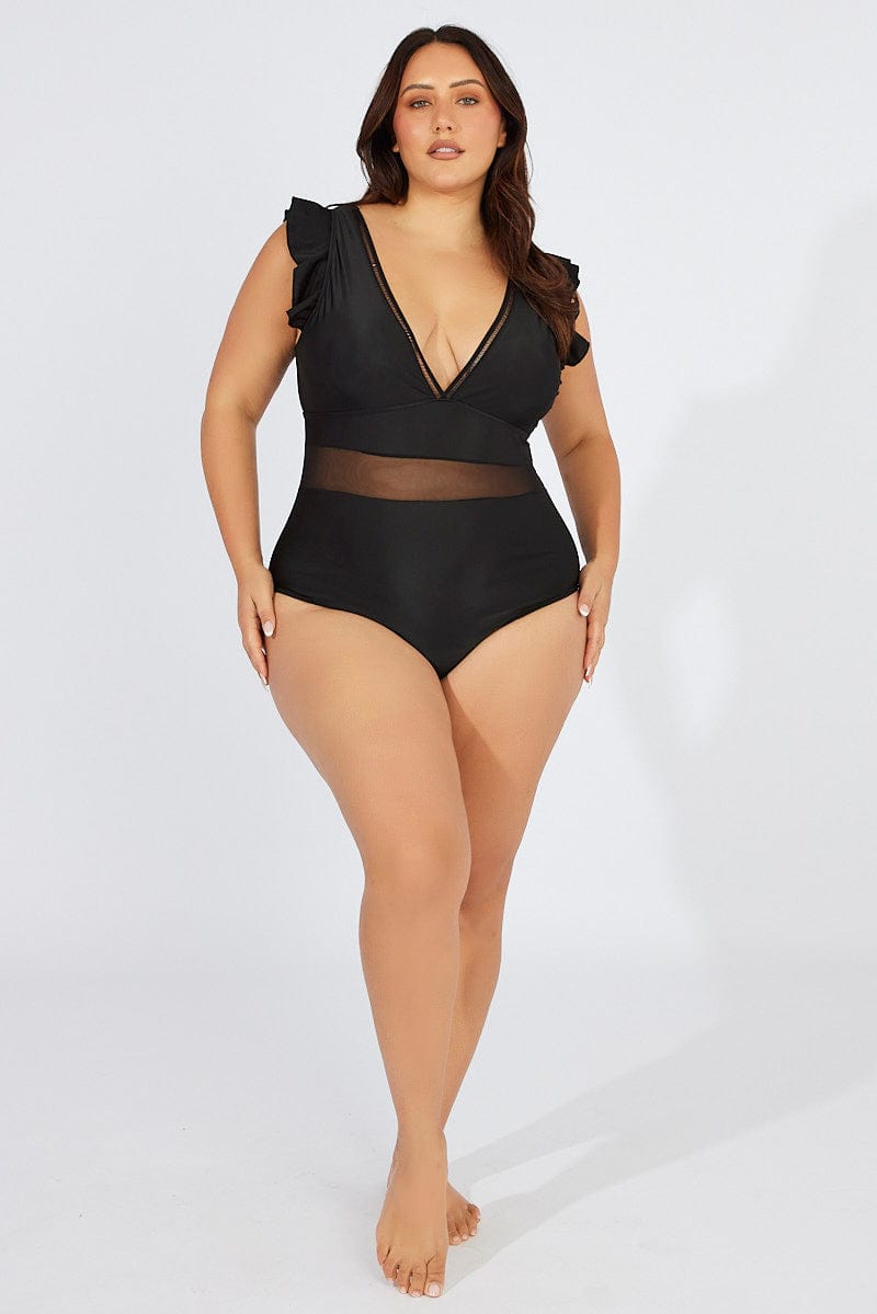 Black Flutter Sleeve One Piece Swimsuit for YouandAll Fashion