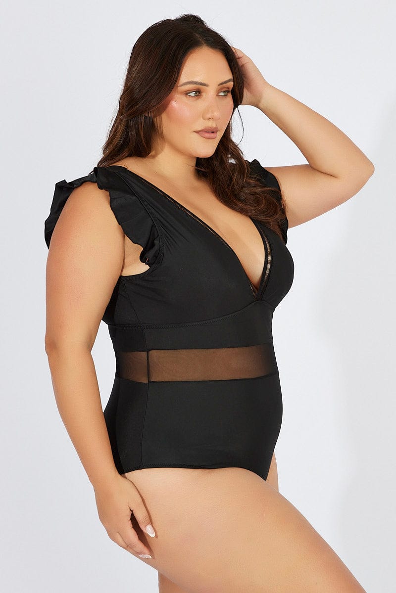 Black Flutter Sleeve One Piece Swimsuit for YouandAll Fashion