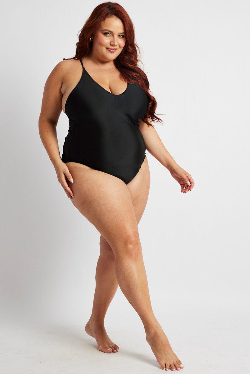Black V Neck Tie Back One Piece Swimsuit for YouandAll Fashion