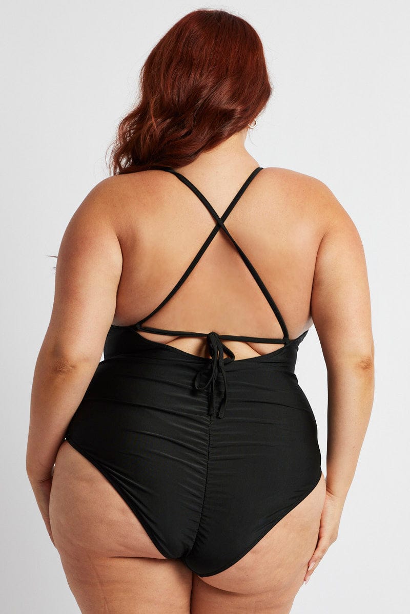 Black V Neck Tie Back One Piece Swimsuit for YouandAll Fashion